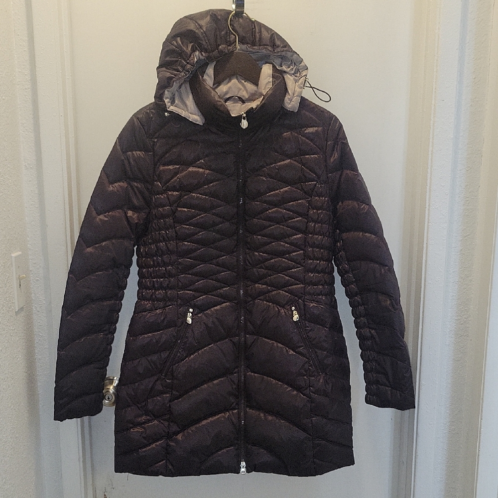 Laundry by Shelli Segal Womens Eggplant Shine Hooded Packable Down Puffer Coat L